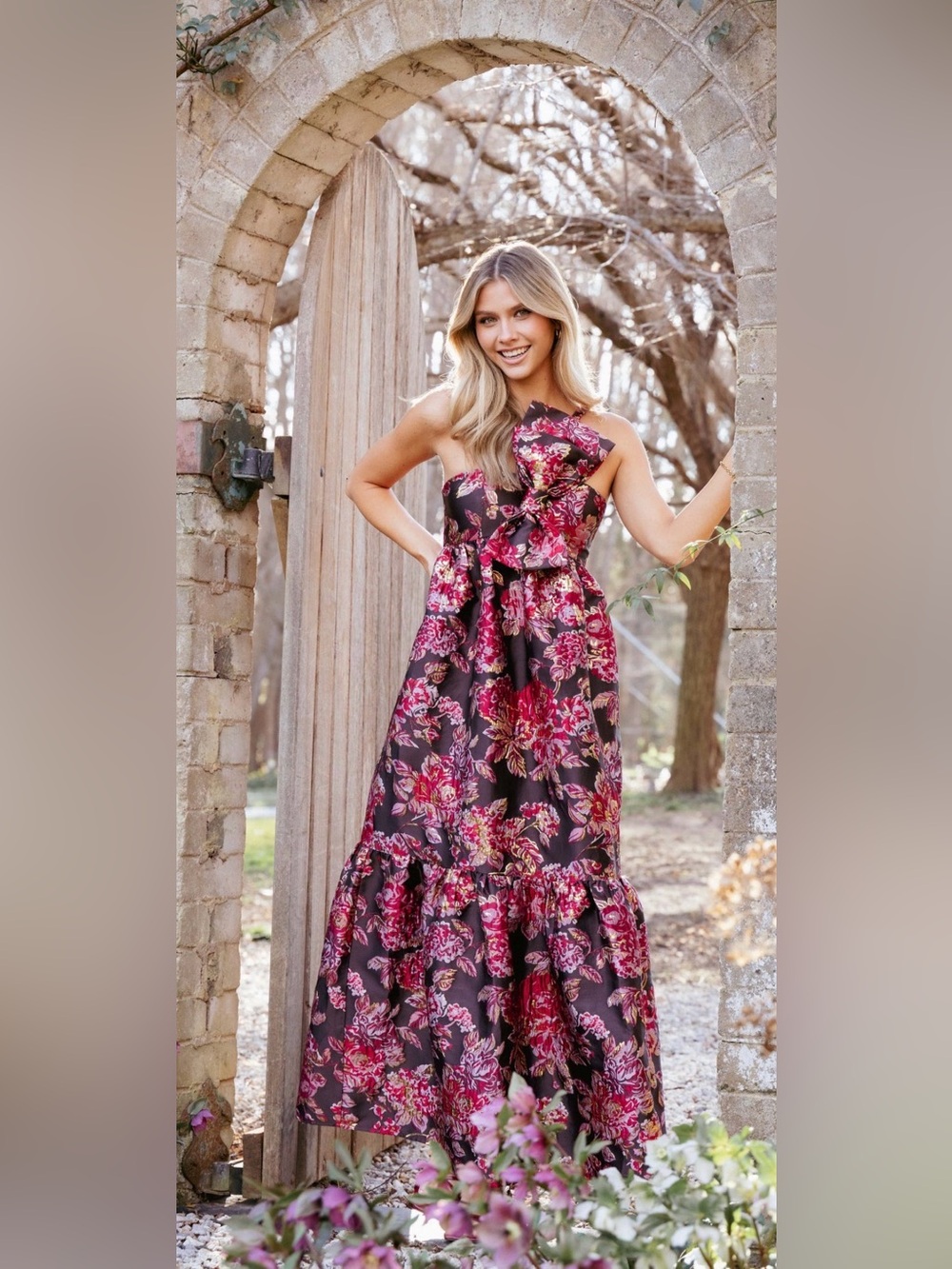 Petal & Pup Betina Bow Front Maxi Dress, Brown Floral, Size XS/S